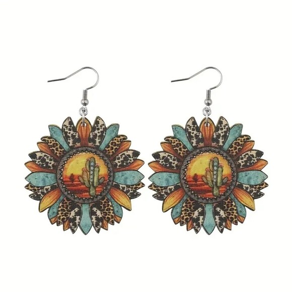 New - Southwest Sunflower Shaped Wooden Earrings - Picture 1 of 6
